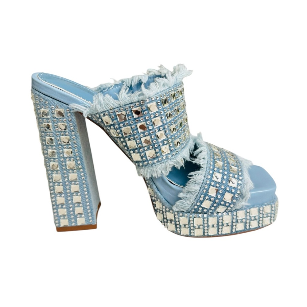 AZALEA WANG Blue Denim Rhinestone Studded Platform Mule Heels Frayed Y2K Glam